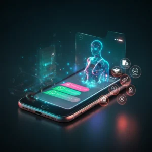 Multicolored glassmorphism-style illustration of an AI agent interacting with customers through WhatsApp, featuring industry icons like real estate, education, and retail