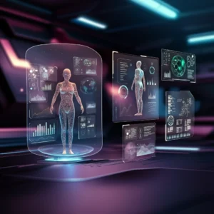 Futuristic multicolored glassmorphism-style illustration of AI agents collaborating with glowing holographic interfaces in a sleek, high-tech environment.