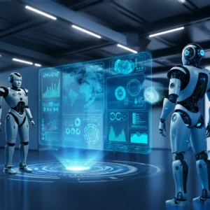 A futuristic office environment with multiple AI agents collaborating via holographic displays, symbolizing advanced technology and seamless automation.